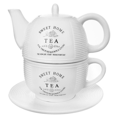Dzbanek z filiżanką do herbaty ceramiczny biały SWEET HOME 3 el.