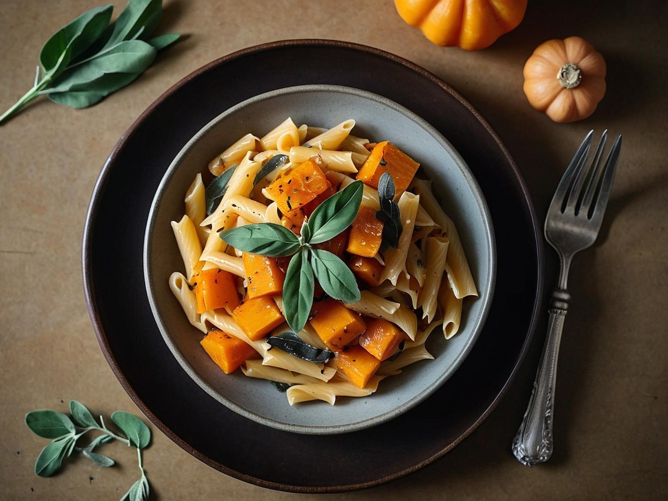 Creamy Pasta with Pumpkin Chunks and Aromatic Sage