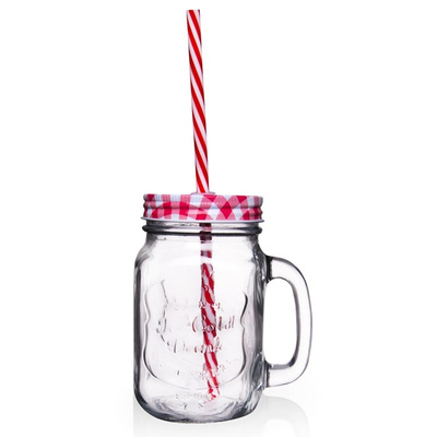 Drinking Jar Glass with Screw Cap and Straw 450 ml