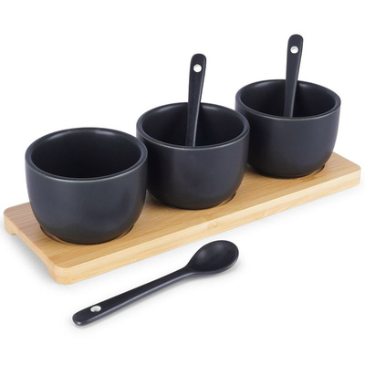 ORION Bowl ramekin porcelain BLACK 3 pcs on base tray + spoons