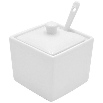 ORION Sugar bowl porcelain WHITE square container for sugar with teaspoon