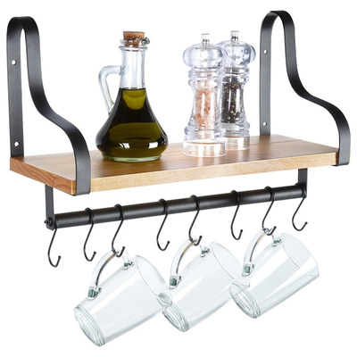 Wall shelf wooden with rail and hooks 43x18x26 cm