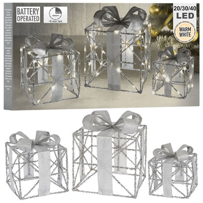 Christmas Lighted Gift Boxes Silver 3 pcs