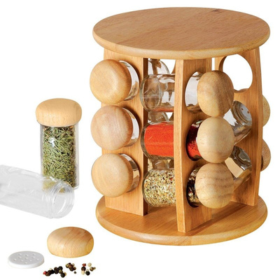 Spice Rack with Jars Wooden Rotating 13 pcs